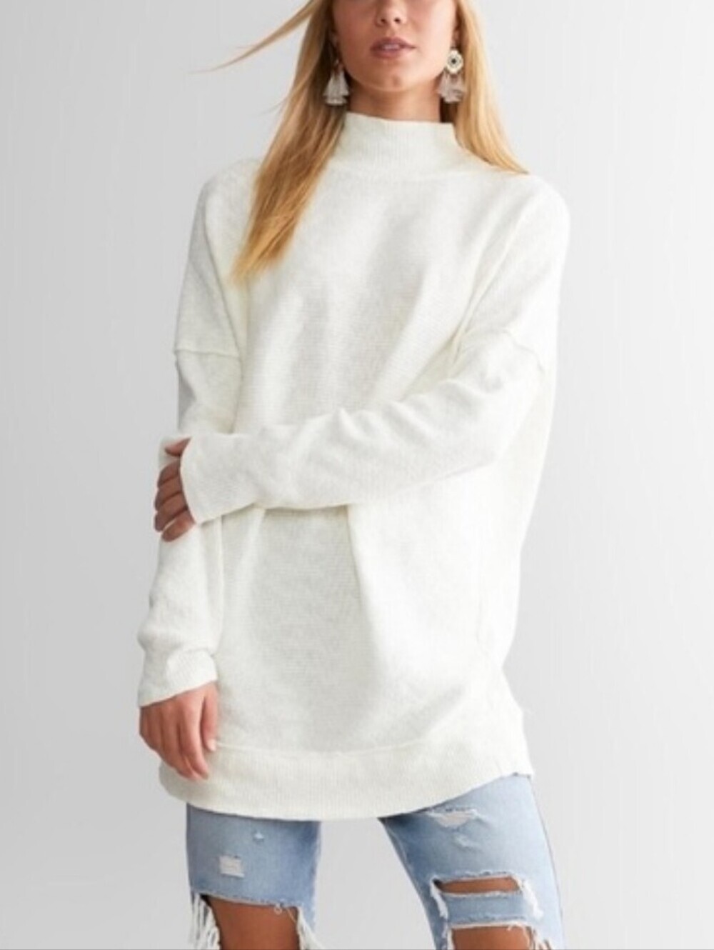 Free People Casey Tunic High-Neck Long Sleeve Slouchy White Size M